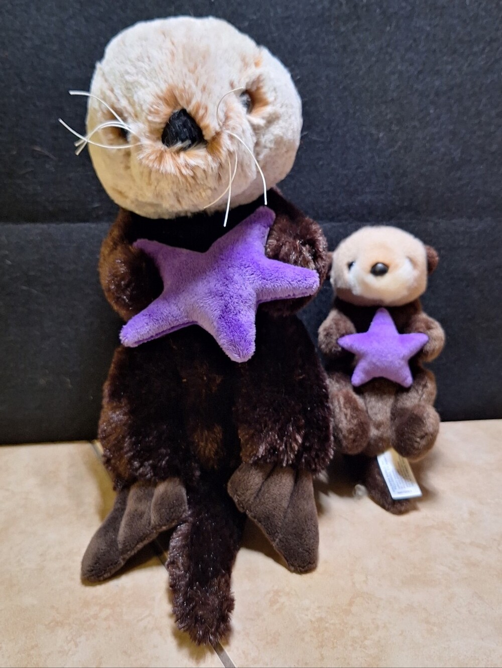 Aurora Mom And Baby Plush Sea Otters Purple Stars Whiskers 13" Ocean Life